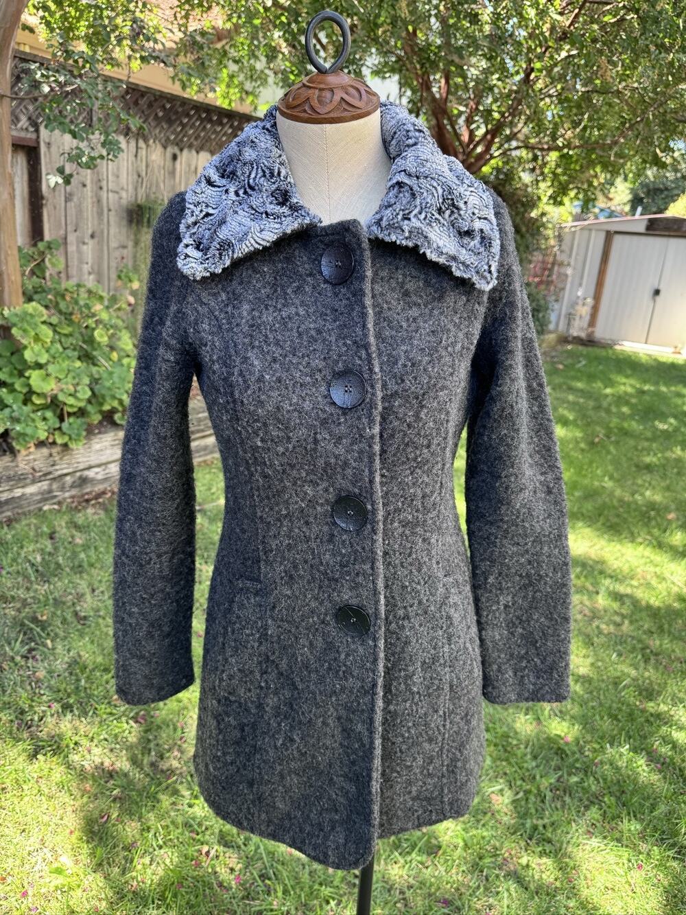 Marisol Women's Wool Blend Overcoat Size S Dark Grey Faux Fur Trim Button Italy